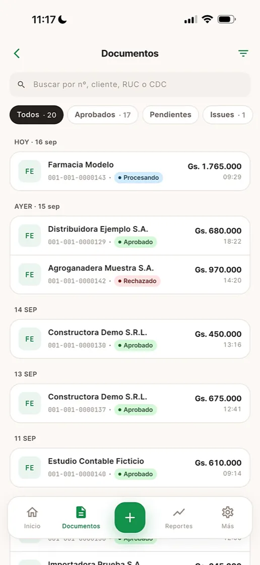 Listado de documentos en la app FacturaMax, con buscador por número, cliente, RUC o CDC y filtros por estado en el SIFEN