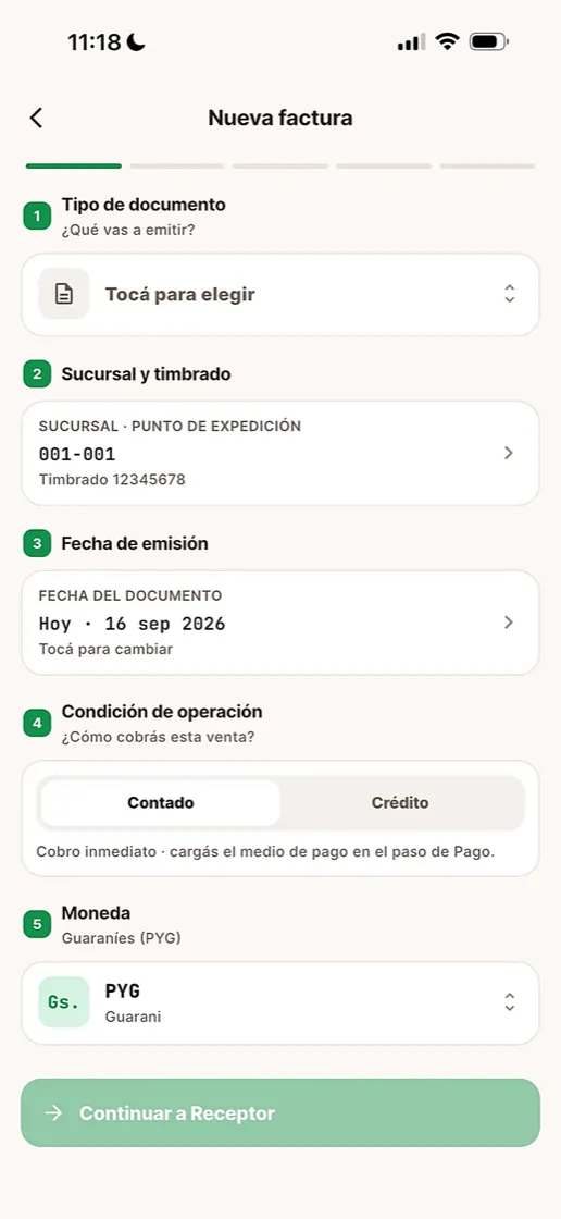 Pantalla de nueva factura en la app FacturaMax, con los pasos de tipo de documento, sucursal y timbrado, fecha, condición de operación y moneda