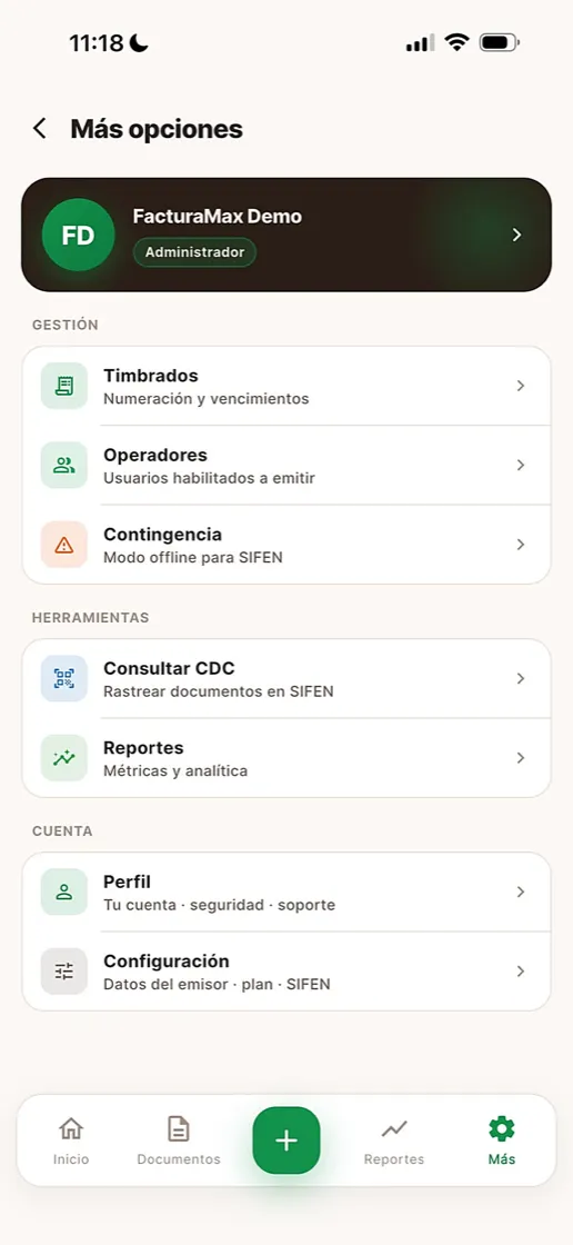 Pantalla de más opciones de la app FacturaMax con timbrados, operadores, modo contingencia offline para SIFEN, consulta de CDC y configuración